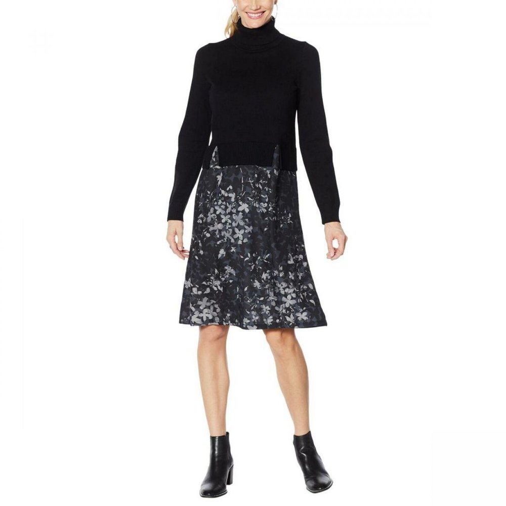 NWT DG2 Floral Twofer Turtleneck Sweater Dress XL Black